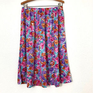 VINTAGE Purple Floral Midi Skirt - Flower Pattern Spring Skirt